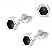 Tiny Black Onyx Hexagon Silver Stud Earrings, e372 